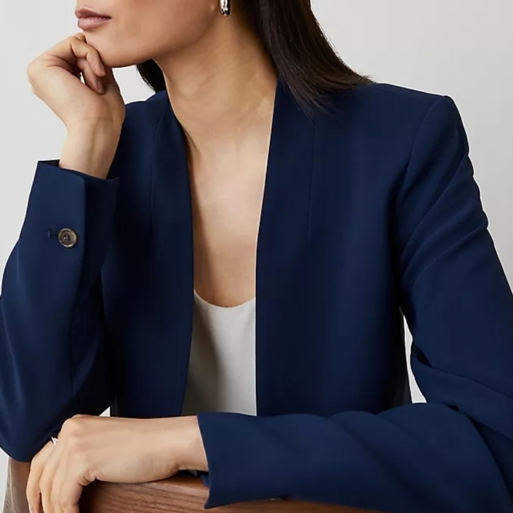 NEW! ANN TAYLOR Navy Collarless Knit Textured Blazer With Stretch 8.